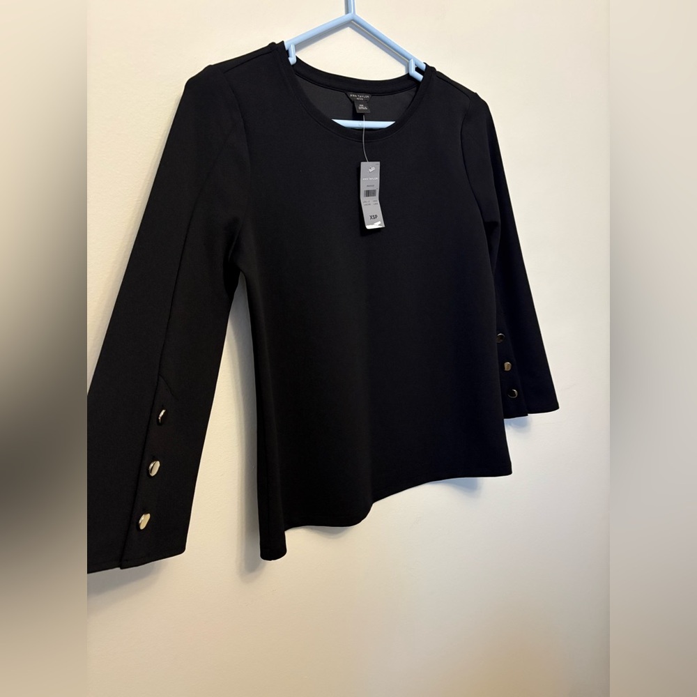 Ann Taylor Black Long Sleeve Top with Button Accents